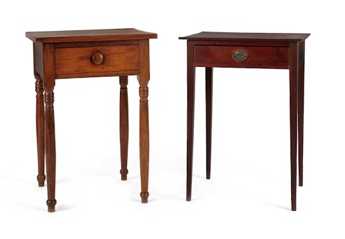 Sheraton cherry one-drawer stand, ca. 1830, 29 1/: Sheraton cherry one-drawer stand, ca. 1830, 29 1/4'' h. 20 1/2'' w., together with a pine one-drawer stand, 28 1/2'' h., 20 3/4'' w.