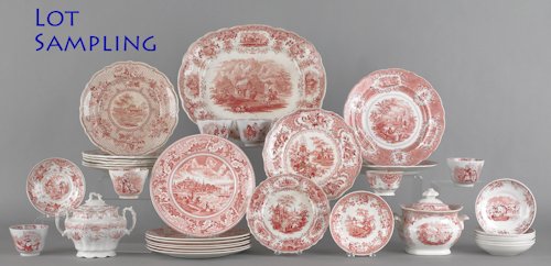 Collection of red transfer decorated Staffordshir: Collection of red transfer decorated Staffordshire and ironstone.