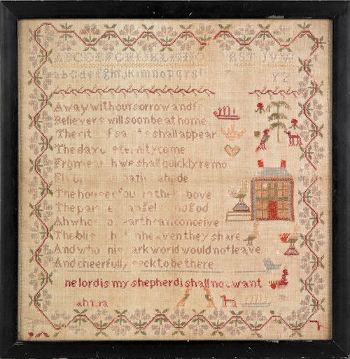 Silk on linen sampler, 19th c., 17'' x 16 1/2'', t: Silk on linen sampler, 19th c., 17'' x 16 1/2'', together with a floral embroidered panel, 36'' x 5 3/4''.