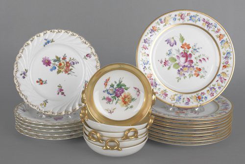 Six KPM bowls, 5'' dia., together with a set of te: Six KPM bowls, 5'' dia., together with a set of ten floral decorated plates, 8 3/8'' dia., and a set of seven plates, 7 3/8'' dia.