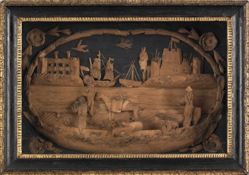 Pair of Dutch paper relief village scenes, 19th c: Pair of Dutch paper relief village scenes, 19th c., in shadowbox frames, 10'' x 15''.