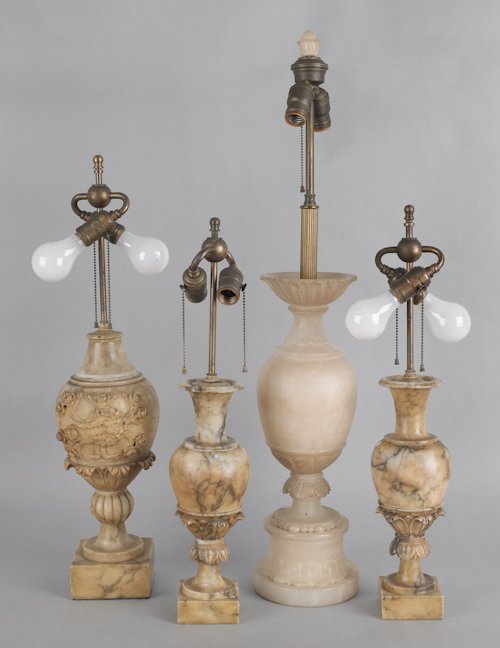 Four marble and alabaster table lamps, tallest -: Four marble and alabaster table lamps, tallest - 19 1/2''.