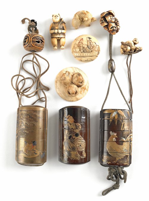 Three Japanese lacquer inro together with seven c: Three Japanese lacquer inro together with seven carved ivory netsukes.
