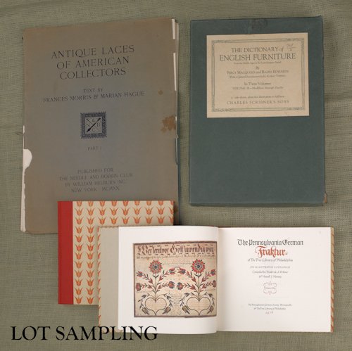 Antique reference books, to include The Dictiona: Antique reference books, to include The Dictionary of English Furniture, 3 vols, pub. in 1924, German Fraktur deluxe edition, 2 vols. and Antique Laces of American Collectors, 4 vols., pub. in 1920.