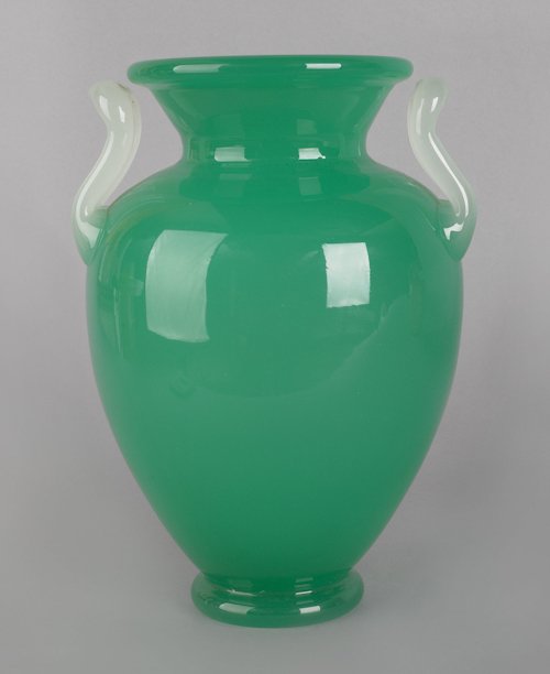 Steuben green jade glass vase with alabaster hand: Steuben green jade glass vase with alabaster handles, signed on base, 10'' h.