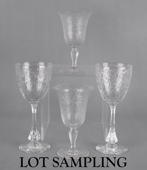 Set of eight Webb Corbett glass wines, together w: Set of eight Webb Corbett glass wines, together with another set of nine unsigned wines, 8 1/4'' h. and 6 1/4'' h.