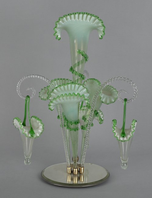 Green ruffle glass epergne with a mirror base, 18: Green ruffle glass epergne with a mirror base, 18 3/4'' h.