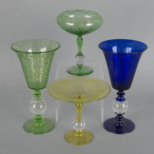 Two art glass vases, together with a tazza and a: Two art glass vases, together with a tazza and a compote, probably by Pairpoint, with bubble stems, tallest - 12'' h.