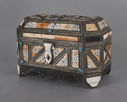 Middle Eastern brass and bone mounted casket, 8'': Middle Eastern brass and bone mounted casket, 8'' h., 20'' w.
