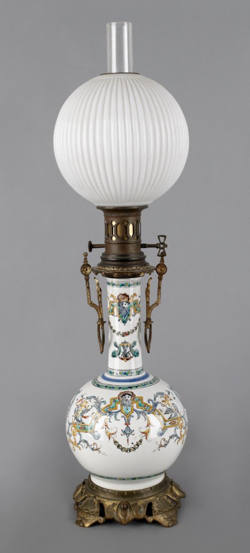 Minton type ceramic oil lamp, 19th c., with brass: Minton type ceramic oil lamp, 19th c., with brass mounts, 28'' h.