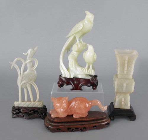 Chinese Ku form jade vase, 6'' h., together with t: Chinese Ku form jade vase, 6'' h., together with two jade bird figures, and a hardstone cat.
