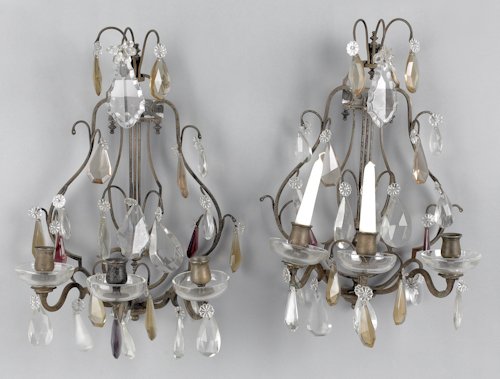 Pair of two arm brass and carved giltwood scopes,: Pair of two arm brass and carved giltwood scopes, late 19th c., 19 1/2'' h., together with a pair of Venetian glass and brass sconces, 20th c., 17'' h.