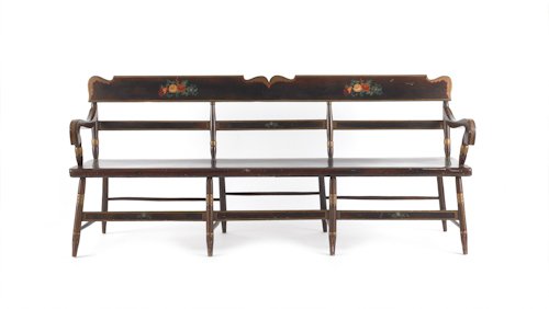 Pennsylvania painted settee, 19th c., with later: Pennsylvania painted settee, 19th c., with later decoration, 34 1/2'' h., 78'' w.