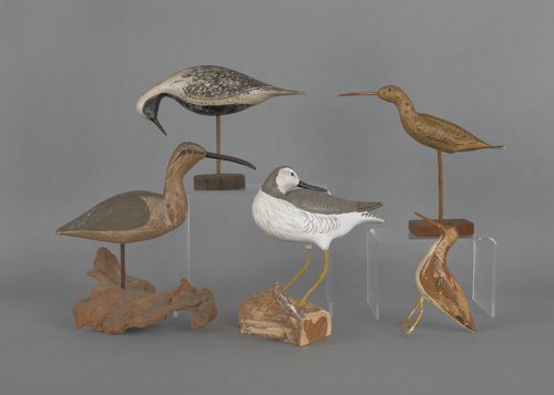 Five contemporary shorebird decoys, one signed H: Five contemporary shorebird decoys, one signed Herb Daisey Jr., tallest - 10 3/4''.