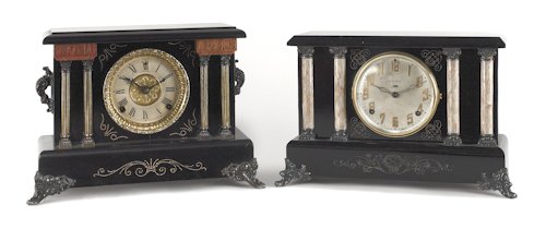 Two ebonized clocks, early 20th c., Ingraham & Se: Two ebonized clocks, early 20th c., Ingraham & Sessions, 11'' h., 14'' w. and 10 1/4'' h., 14'' w.