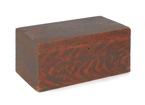 New England painted pine blanket box, ca. 1820, w: New England painted pine blanket box, ca. 1820, with original red and black graining, 12'' h., 27'' w.