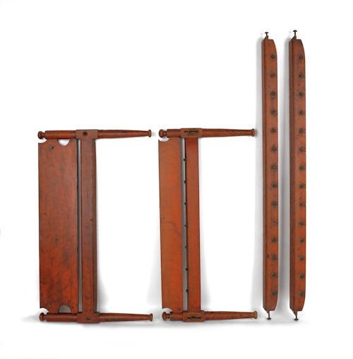 Lancaster County, Pennsylvania painted pine rope: Lancaster County, Pennsylvania painted pine rope bed, ca. 1820, with original red and black decoration, 31'' h., 52'' w.