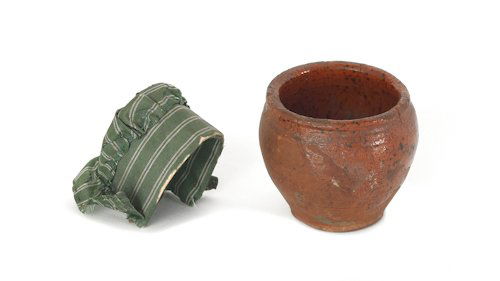 Two miniatures, 19th c., to include a redware cro: Two miniatures, 19th c., to include a redware crock, 1 1/2'' h., and a Shaker bonnet.
