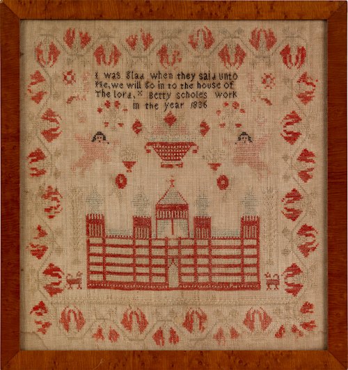 Continental needlework sampler by Betty Scholes: Continental needlework sampler by Betty Scholes 1836, 16'' x 15''.