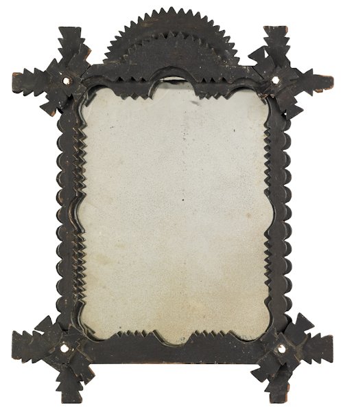 Tramp art mirror with arched crest, 19th c., 21'': Tramp art mirror with arched crest, 19th c., 21'' x 17 3/4''.