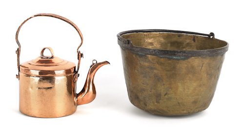Copper tea kettle with swing handle, ca. 1800, 9'': Copper tea kettle with swing handle, ca. 1800, 9'' h., together with a brass bucket stamped HB.CO, 6 1/2'' h.