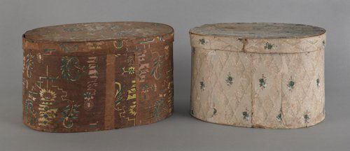 Two wallpaper hat boxes, 19th c., 8 1/2'' h., 15'': Two wallpaper hat boxes, 19th c., 8 1/2'' h., 15'' w. and 8'' h., 13 1/2'' w.
