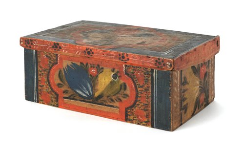 Scandinavian painted pine trinket box, 19th c., 5: Scandinavian painted pine trinket box, 19th c., 5'' h., 12 1/2'' w.