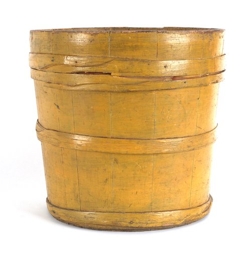 Painted pine bucket, retaining an old yellow pain: Painted pine bucket, retaining an old yellow painted surface, 14 1/2'' h., 15'' dia.
