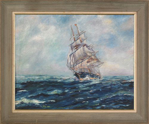 Oil on board seascape of a sail ship, 20th c., 23: Oil on board seascape of a sail ship, 20th c., 23 1/2'' x 29 1/2''.