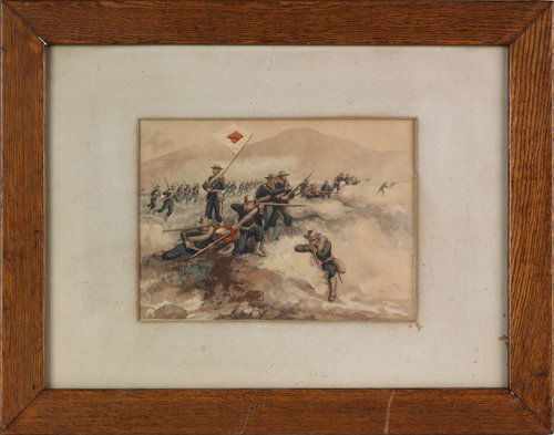 Julian Oliver Davidson (American, 1853-1894), wat: Julian Oliver Davidson (American, 1853-1894), watercolor and gouache on paper of a military battle, 8 1/2'' x 11 3/4''.