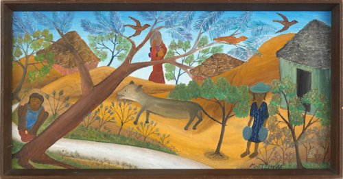 Micius Stephane (Haitian, b. 1912), oil on board: Micius Stephane (Haitian, b. 1912), oil on board landscape, 11 1/4'' x 23 1/2''.
