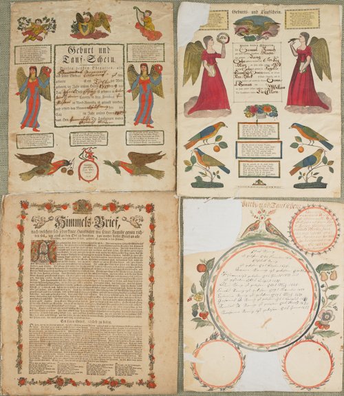 Four printed fraktur, together with a remnant han: Four printed fraktur, together with a remnant hand drawn family ledger, dated 1837, 16 1/4'' x 12 3/4''.