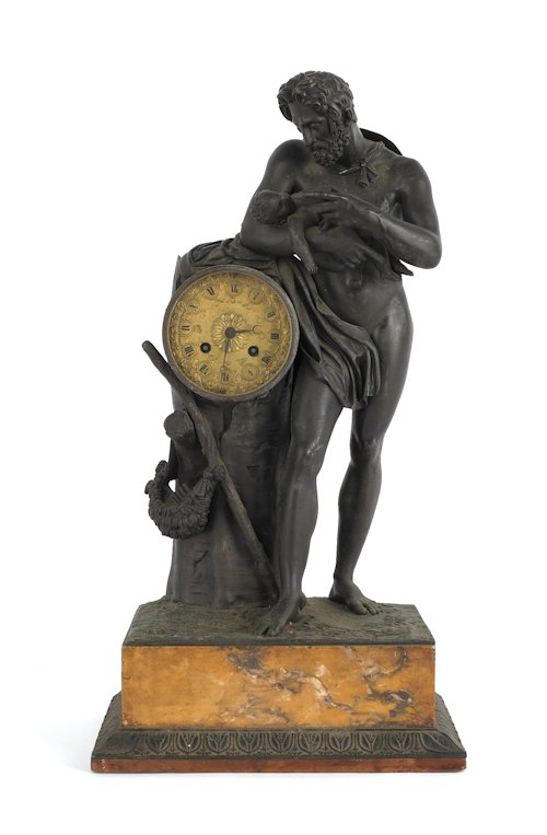 Bronze figural clock depicting a man feeding an i: Bronze figural clock depicting a man feeding an infant on a marble base, 20 1/2'' h.