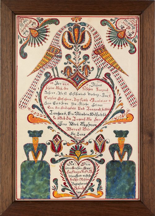 William Rank (American, 1921-2000), pen, ink, and: William Rank (American, 1921-2000), pen, ink, and watercolor fraktur, signed upper right, 15 1/2'' x 10 1/2''.