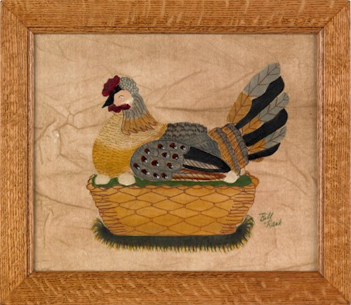 William Rank (American, 1921-2000), oil on velvet: William Rank (American, 1921-2000), oil on velvet theorem of a rooster on a nest, signed lower right, 9 1/2'' x 11 1/2''.