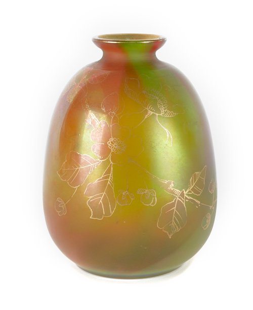 Loetz art glass vase with gilt floral decoration,: Loetz art glass vase with gilt floral decoration, 5 3/4'' h. Provenance: the Collection of Charlene Sussel, Garrett Park, Maryland.