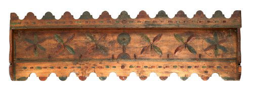 Scandinavian carved and painted hanging meat rack: Scandinavian carved and painted hanging meat rack, 19th c., 21'' h., 67 3/4'' w.