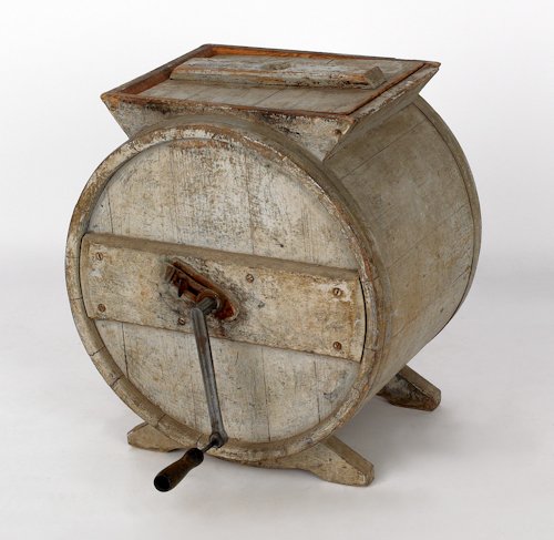 Painted pine butter churn, 19th c., retaining an: Painted pine butter churn, 19th c., retaining an old blue surface, 19'' h.