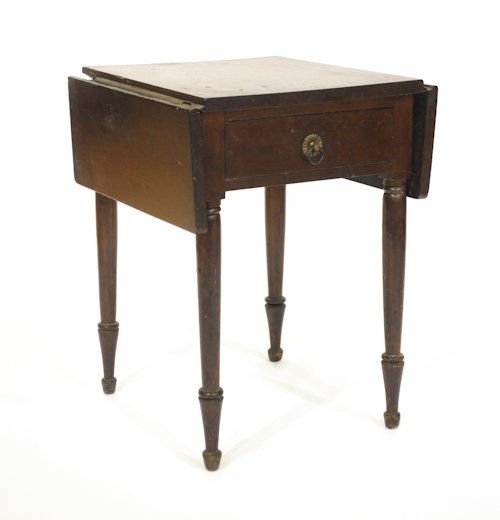 Pennsylvania Sheraton cherry single drawer stand,: Pennsylvania Sheraton cherry single drawer stand, early 19th c., with drop leaves, 28'' h., 21 1/4'' w.
