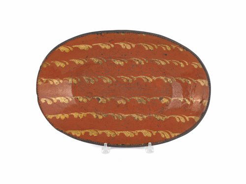 New Jersey redware loaf dish, stamped J McCully: New Jersey redware loaf dish, stamped J McCully, with slip decorated squiggle lines, 16 3/4'' l., 11 1/4'' w.
