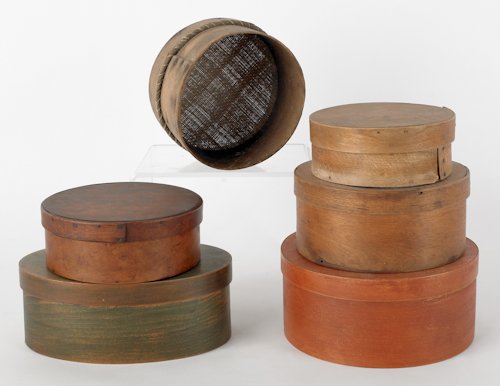 Five wooden pantry boxes, 19th c. and 20th c., to: Five wooden pantry boxes, 19th c. and 20th c., together with a wooden sieve, tallest - 3 1/2''.