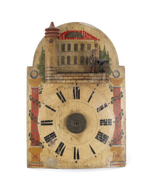 Painted wood wag on the wall clock with mechanize: Painted wood wag on the wall clock with mechanized solider and fort, 19th c., 15'' h., 11'' w.