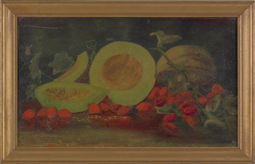 Oil on canvas still life, late 19th c., together: Oil on canvas still life, late 19th c., together with a landscape, 12'' x 20'' and 14'' x 17''.