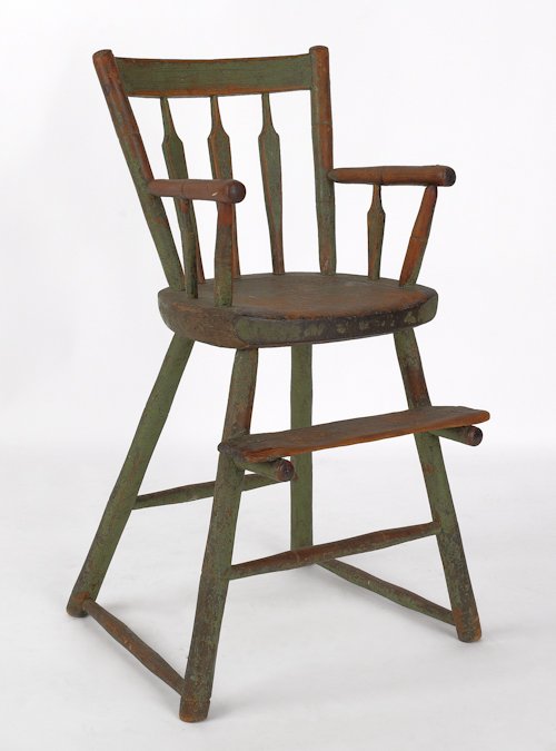 Pennsylvania painted pine child's highchair, earl: Pennsylvania painted pine child's highchair, early 19th c., with an old green surface, 30 1/2'' h.