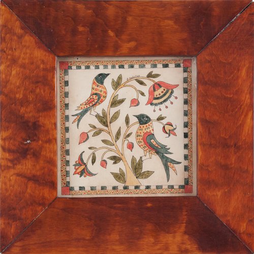 Pamela Godillot (American, 20th c.), two contempo: Pamela Godillot (American, 20th c.), two contemporary watercolor frakturs, depicting birds, 4 1/2'' x 4 1/2'' and 4 1/2'' x 4 1/2''.