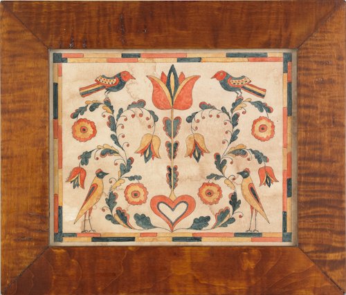 Pamela Godillot (American, 20th c.), two contempo: Pamela Godillot (American, 20th c.), two contemporary watercolor frakturs, depicting birds, 7 1/2'' x 9'' and 7 3/4'' x 6''.