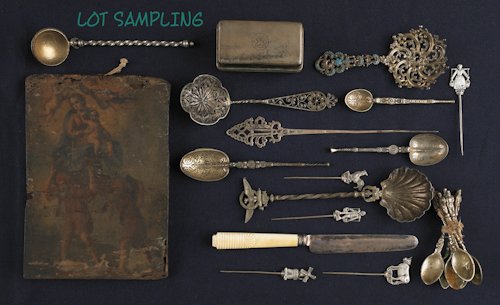 Collection of silver and plate, together with an: Collection of silver and plate, together with an oil on panel religious scene.