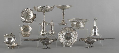 Collection of sterling silver and plate, to inclu: Collection of sterling silver and plate, to include a Hans Hansen bell and two Cartier leaf bowls, approx. 43 ozt.