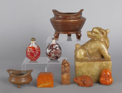 Collection of Chinese tablewares, to include bron: Collection of Chinese tablewares, to include bronze censors, seals, and Peking glass snuff bottles.