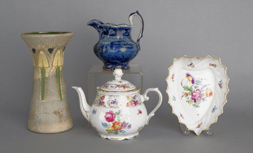 Historical blue Staffordshire pitcher, 19th c., t: Historical blue Staffordshire pitcher, 19th c., together with a Schumann teapot, an Art Deco vase, and a Dresden bowl, tallest - 10''.